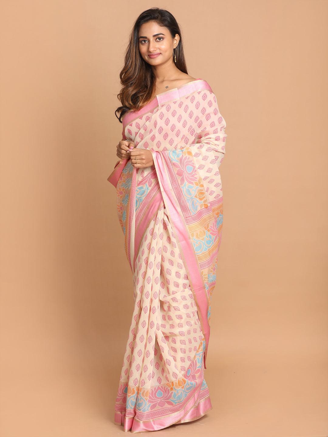 Women's Printed Cotton Blend Saree In Pink - Indethnic - Indiakreations