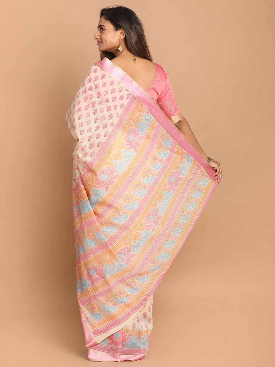 Women's Printed Cotton Blend Saree In Pink - Indethnic - Indiakreations