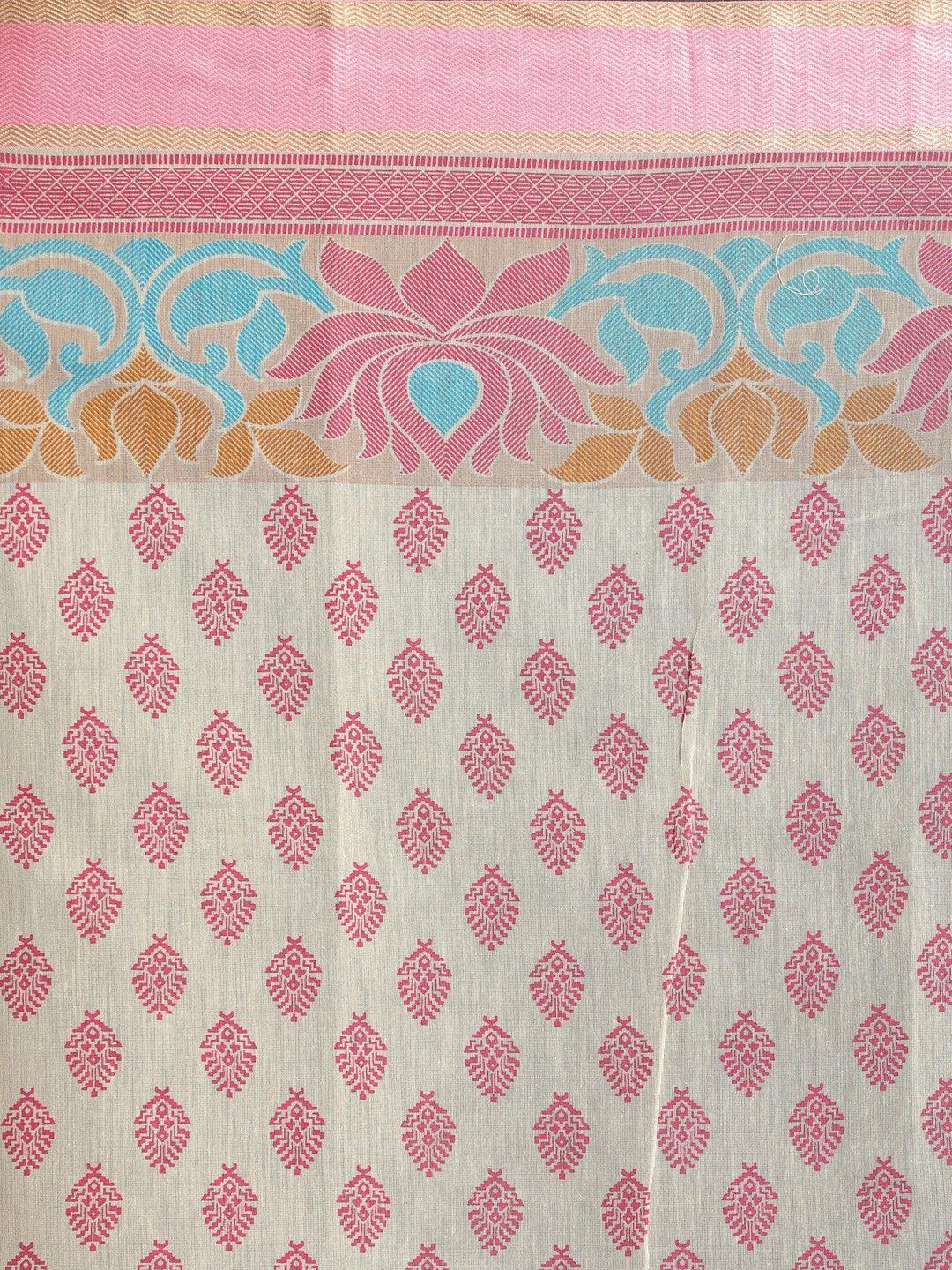 Women's Printed Cotton Blend Saree In Pink - Indethnic - Indiakreations