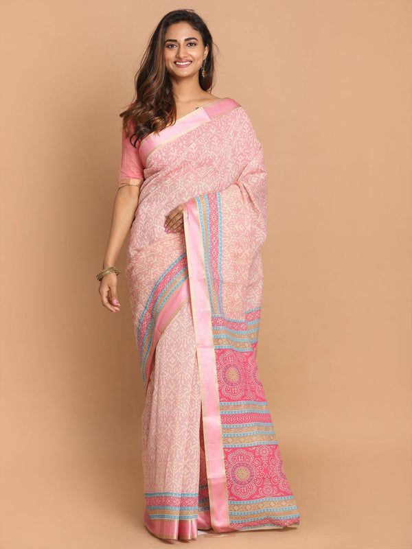 Women's Printed Cotton Blend Saree In Pink - Indethnic - Indiakreations