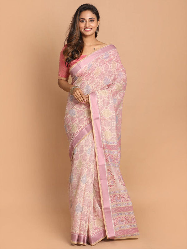 Women's Printed Cotton Blend Saree In Pink - Indethnic - Indiakreations