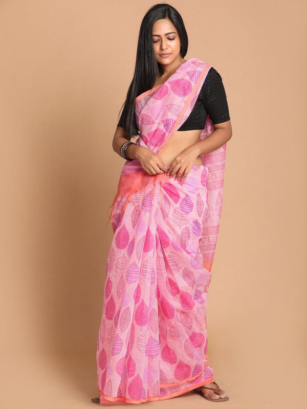 Women's Printed Cotton Blend Saree In Pink - Indethnic - Indiakreations