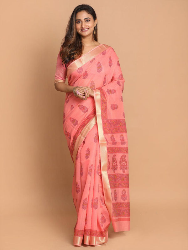 Women's Printed Cotton Blend Saree In Pink - Indethnic - Indiakreations