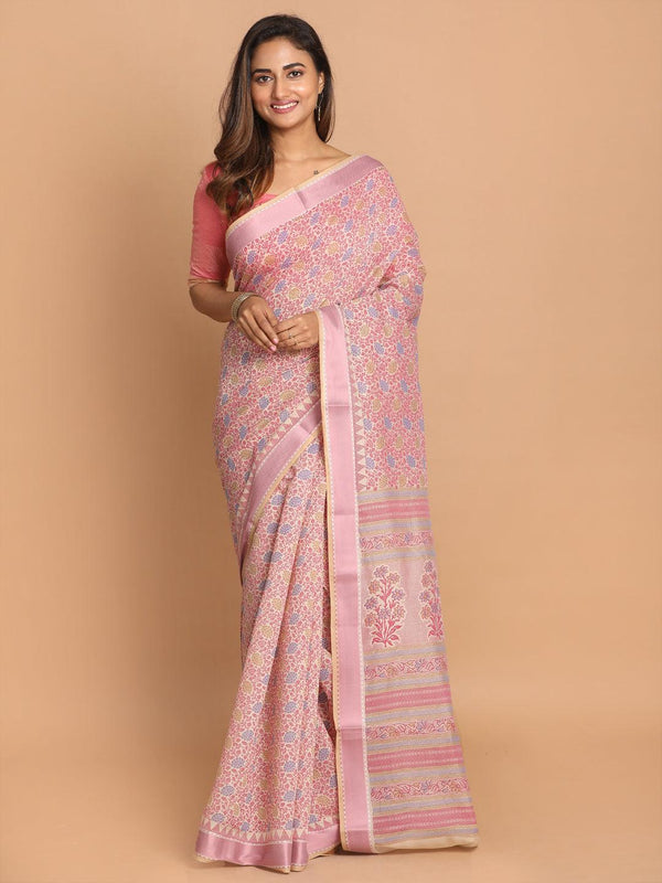 Women's Printed Cotton Blend Saree In Pink - Indethnic - Indiakreations