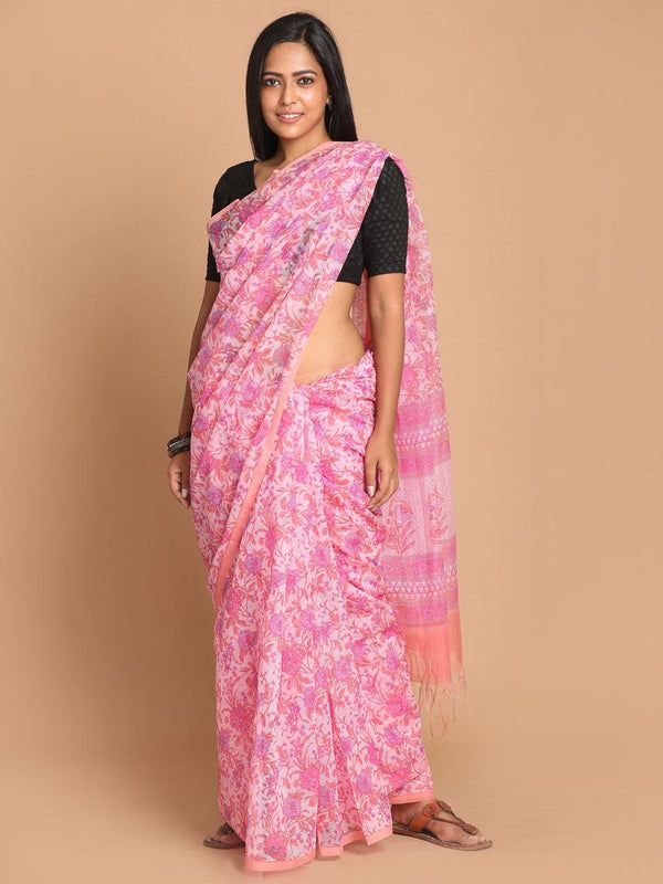 Women's Printed Cotton Blend Saree In Pink - Indethnic - Indiakreations