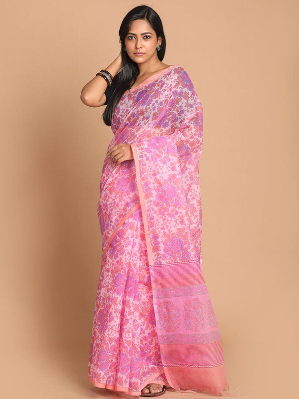 Women's Printed Cotton Blend Saree In Pink - Indethnic - Indiakreations