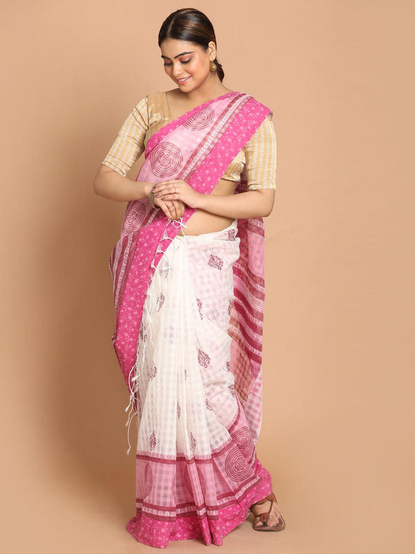 Women's Printed Cotton Blend Saree In Pink - Indethnic - Indiakreations