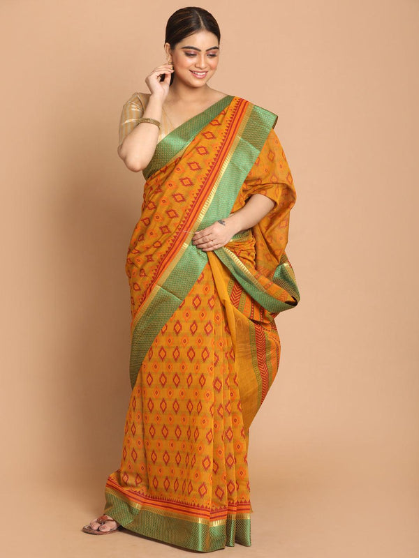 Women's Printed Cotton Blend Saree In Yellow - Indethnic - Indiakreations