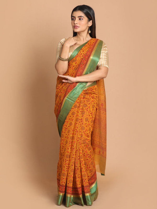 Women's Printed Cotton Blend Saree In Yellow - Indethnic - Indiakreations