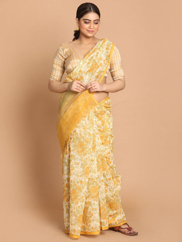 Women's Printed Cotton Blend Saree In Yellow - Indethnic - Indiakreations