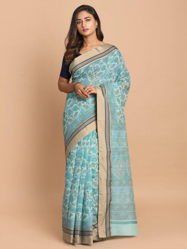 Women's Printed Cotton Blend Saree In Firoza - Indethnic - Indiakreations