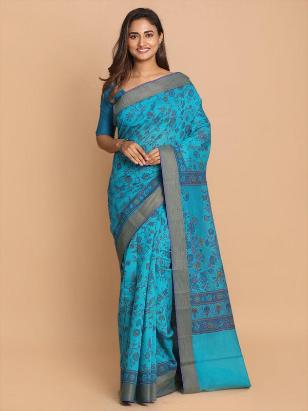 Women's Printed Cotton Blend Saree In Firoza - Indethnic - Indiakreations