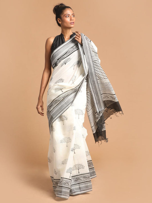 Women's Printed Pure Cotton Saree In Black - Indethnic - Indiakreations