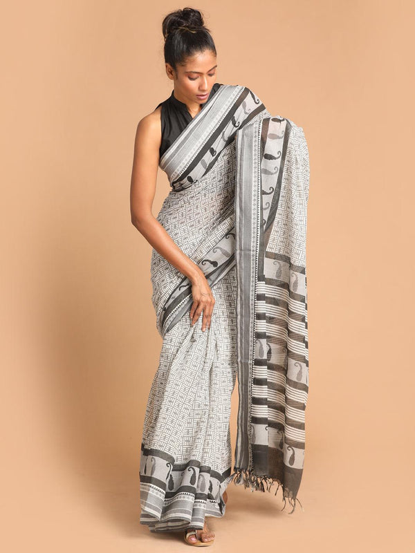 Women's Printed Pure Cotton Saree In Black - Indethnic - Indiakreations