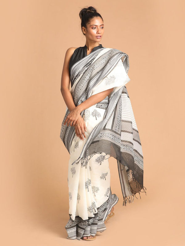 Women's Printed Pure Cotton Saree In Black - Indethnic - Indiakreations