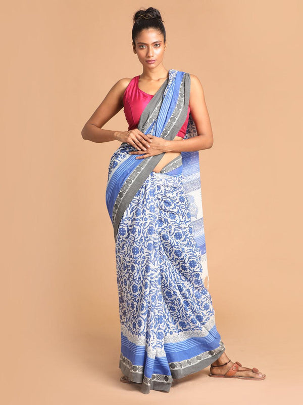 Women's Printed Pure Cotton Saree In Blue - Indethnic - Indiakreations