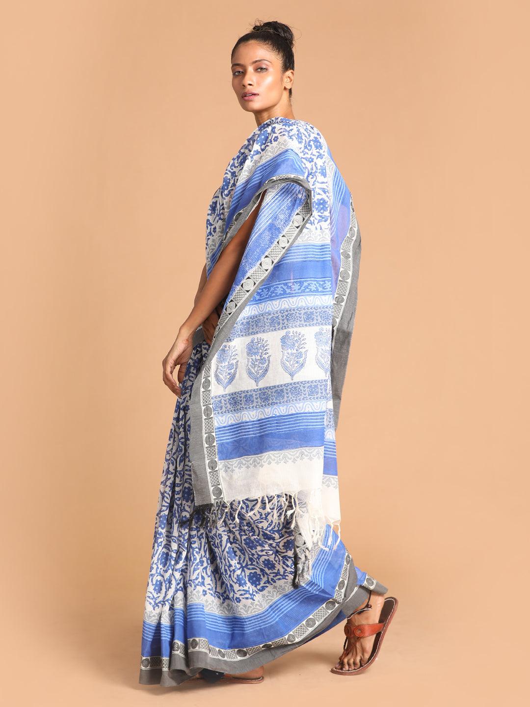 Women's Printed Pure Cotton Saree In Blue - Indethnic - Indiakreations