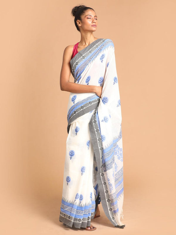 Women's Printed Pure Cotton Saree In Blue - Indethnic - Indiakreations