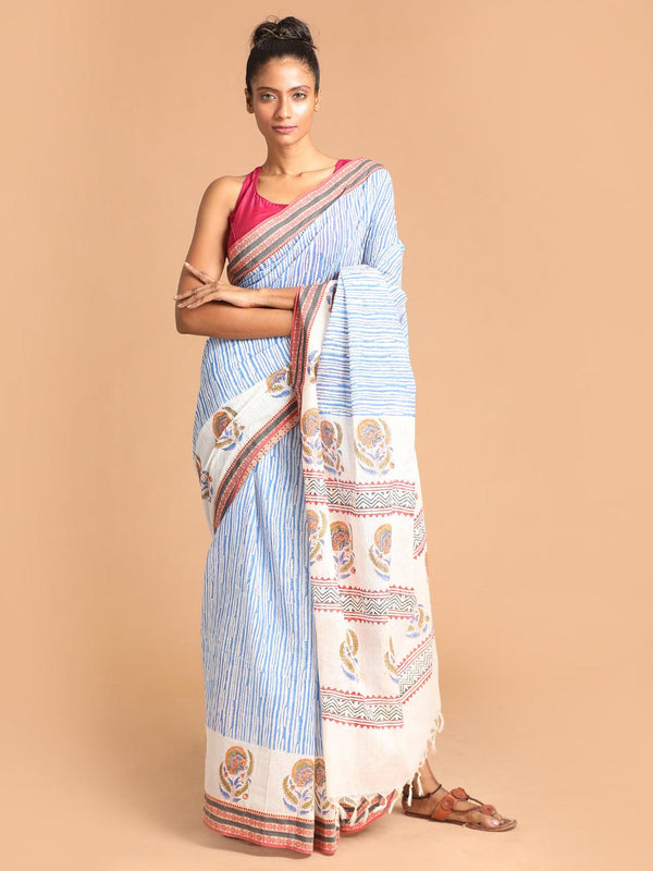 Women's Printed Pure Cotton Saree In Blue - Indethnic - Indiakreations