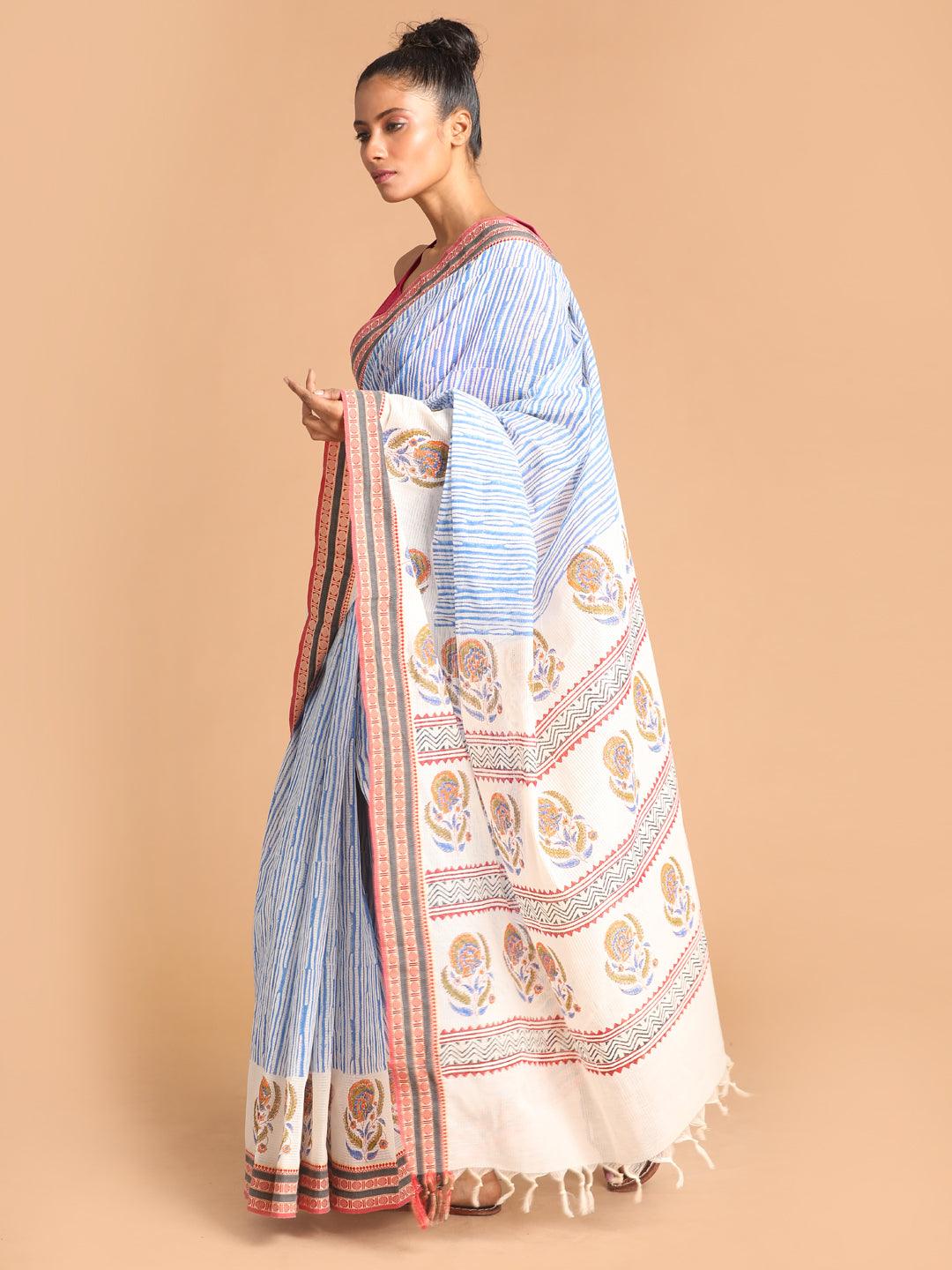 Women's Printed Pure Cotton Saree In Blue - Indethnic - Indiakreations