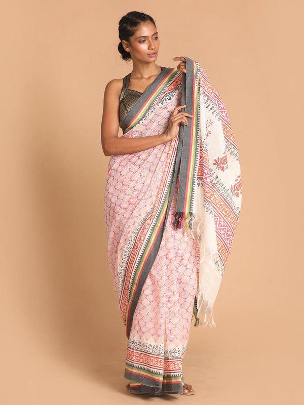 Women's Printed Pure Cotton Saree In Coral - Indethnic - Indiakreations