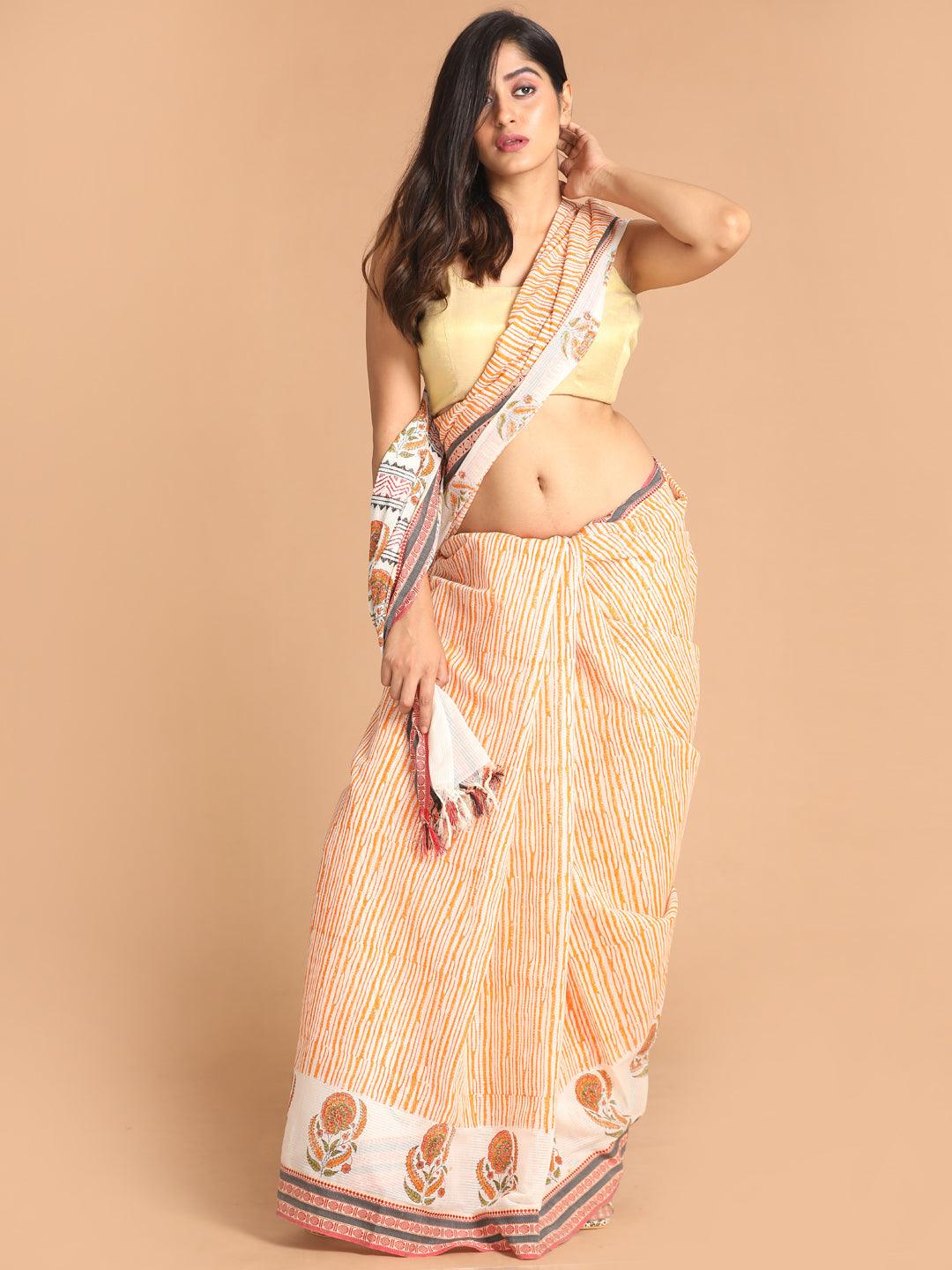 Women's Printed Pure Cotton Saree In Rust - Indethnic - Indiakreations