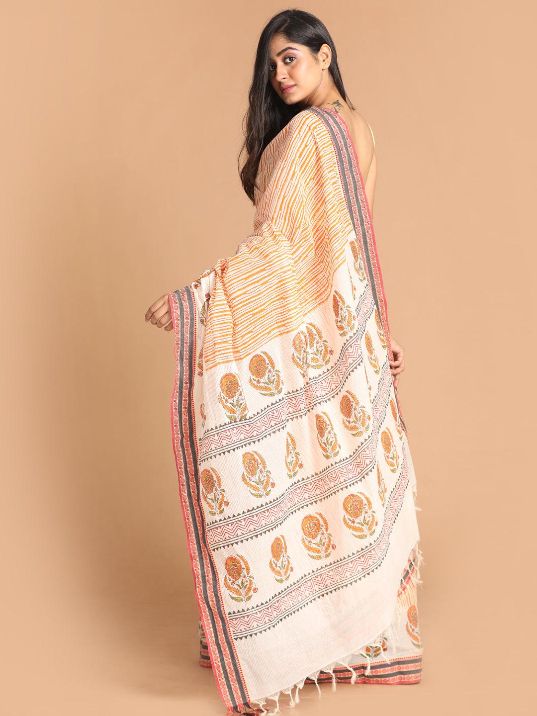 Women's Printed Pure Cotton Saree In Rust - Indethnic - Indiakreations