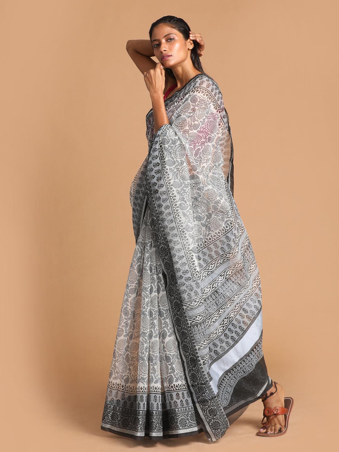 Women's Printed Super Net Saree In Black - Indethnic - Indiakreations