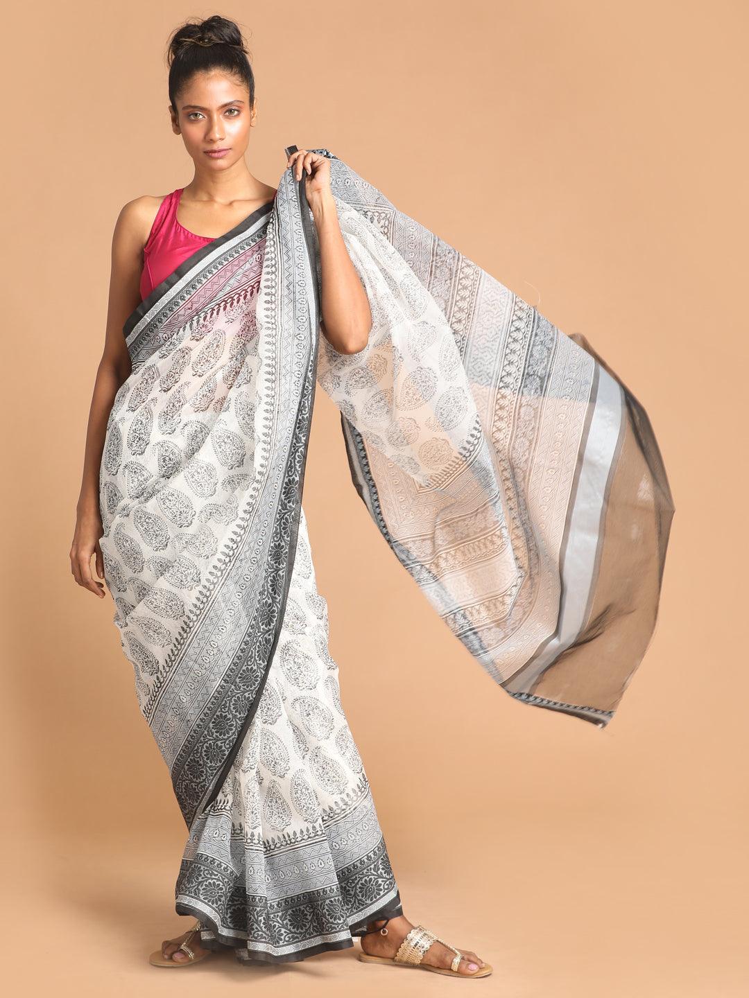 Women's Printed Super Net Saree In Black - Indethnic - Indiakreations