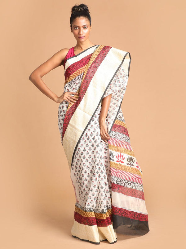 Women's Printed Cotton Blend Saree In Black - Indethnic - Indiakreations