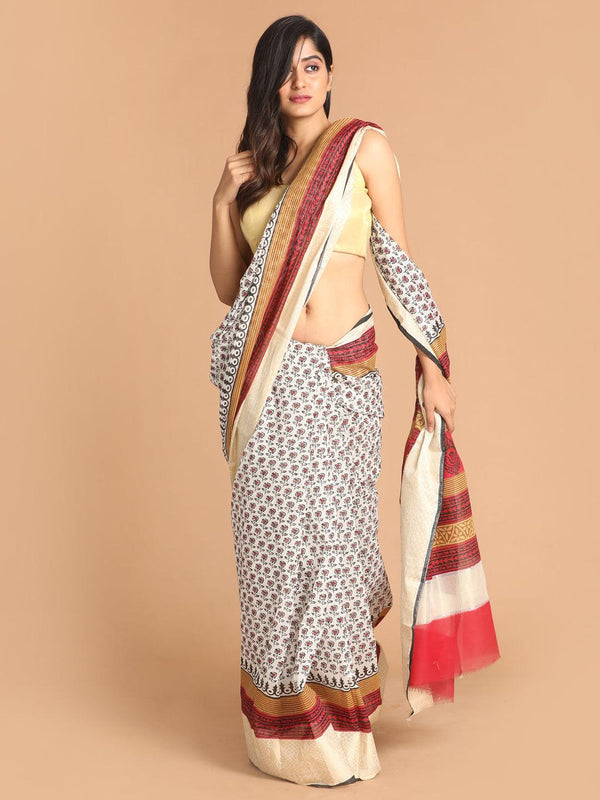 Women's Printed Cotton Blend Saree In Black - Indethnic - Indiakreations