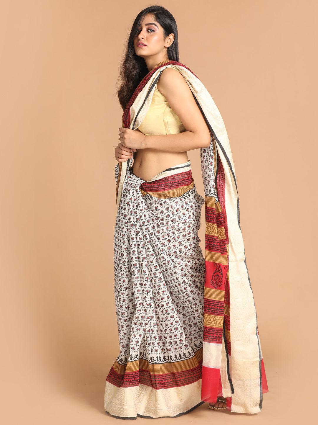 Women's Printed Cotton Blend Saree In Black - Indethnic - Indiakreations