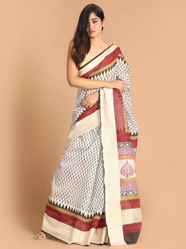 Women's Printed Cotton Blend Saree In Black - Indethnic - Indiakreations