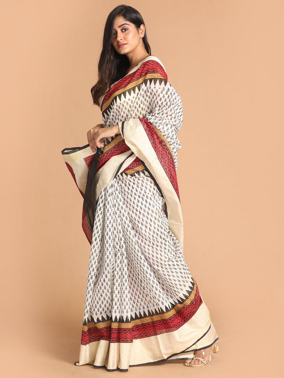 Women's Printed Cotton Blend Saree In Black - Indethnic - Indiakreations