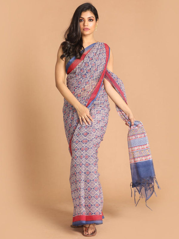 Women's Printed Super Net Saree In Blue - Indethnic - Indiakreations