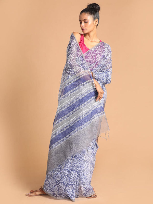 Women's Printed Super Net Saree In Blue - Indethnic - Indiakreations