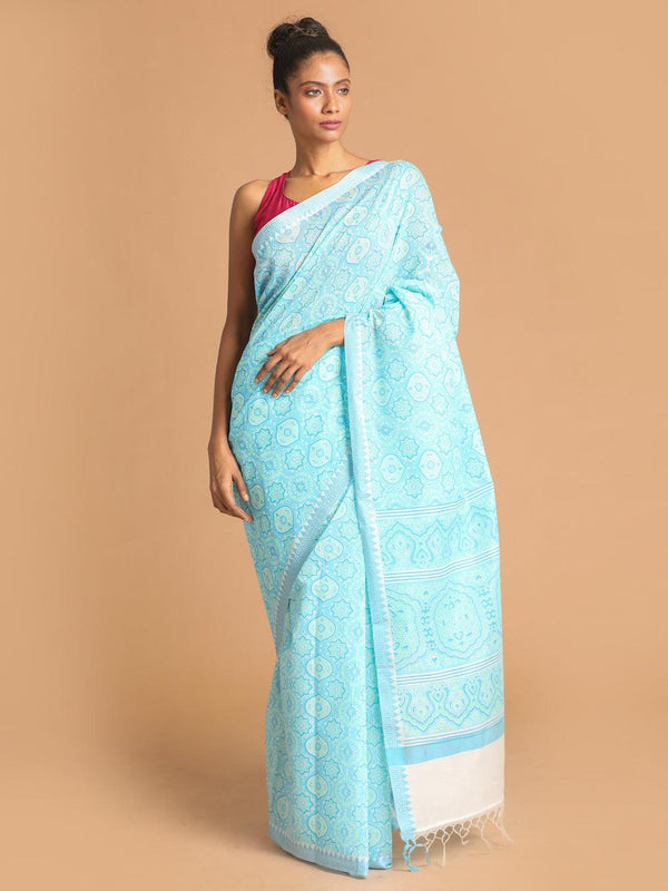 Women's Printed Cotton Blend Saree In Blue - Indethnic - Indiakreations