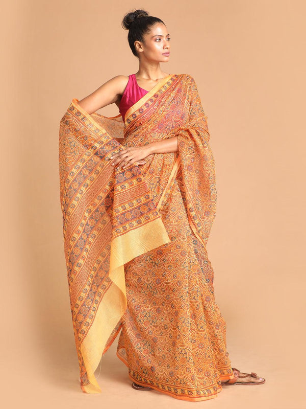 Women's Printed Super Net Saree In Coral - Indethnic - Indiakreations