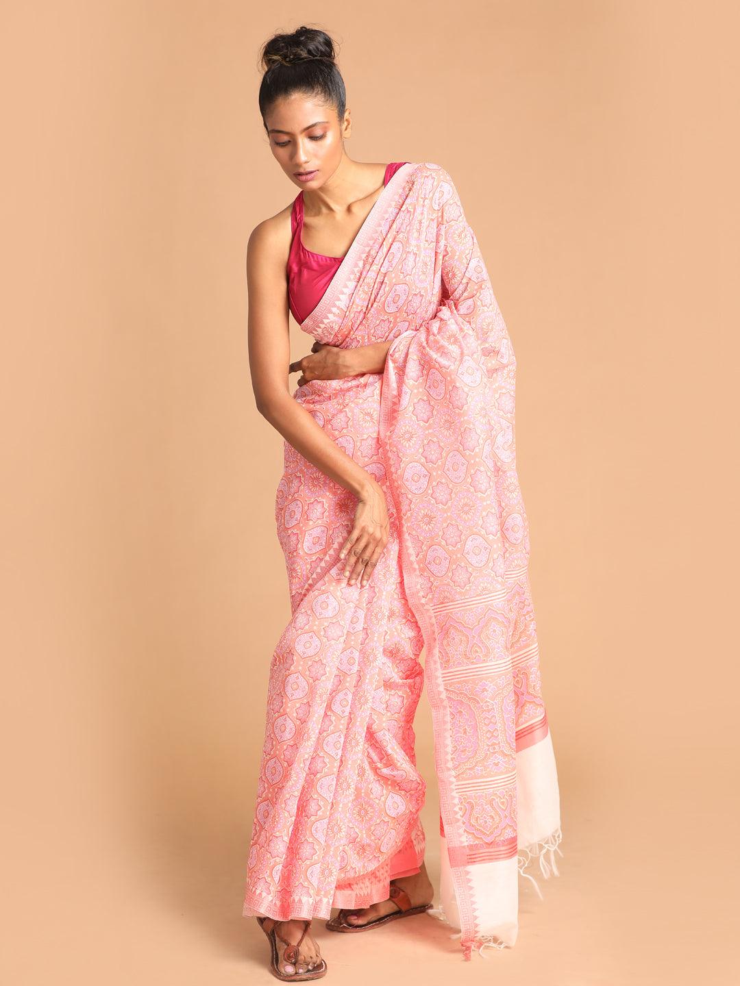 Women's Printed Cotton Blend Saree In Coral - Indethnic - Indiakreations