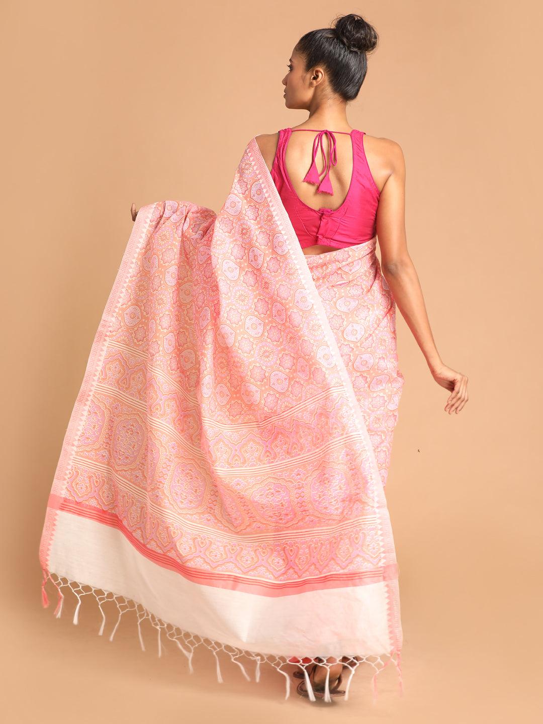 Women's Printed Cotton Blend Saree In Coral - Indethnic - Indiakreations