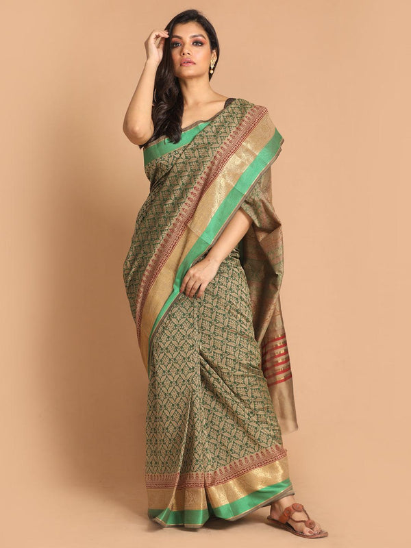 Women's Printed Cotton Blend Saree In Green - Indethnic - Indiakreations