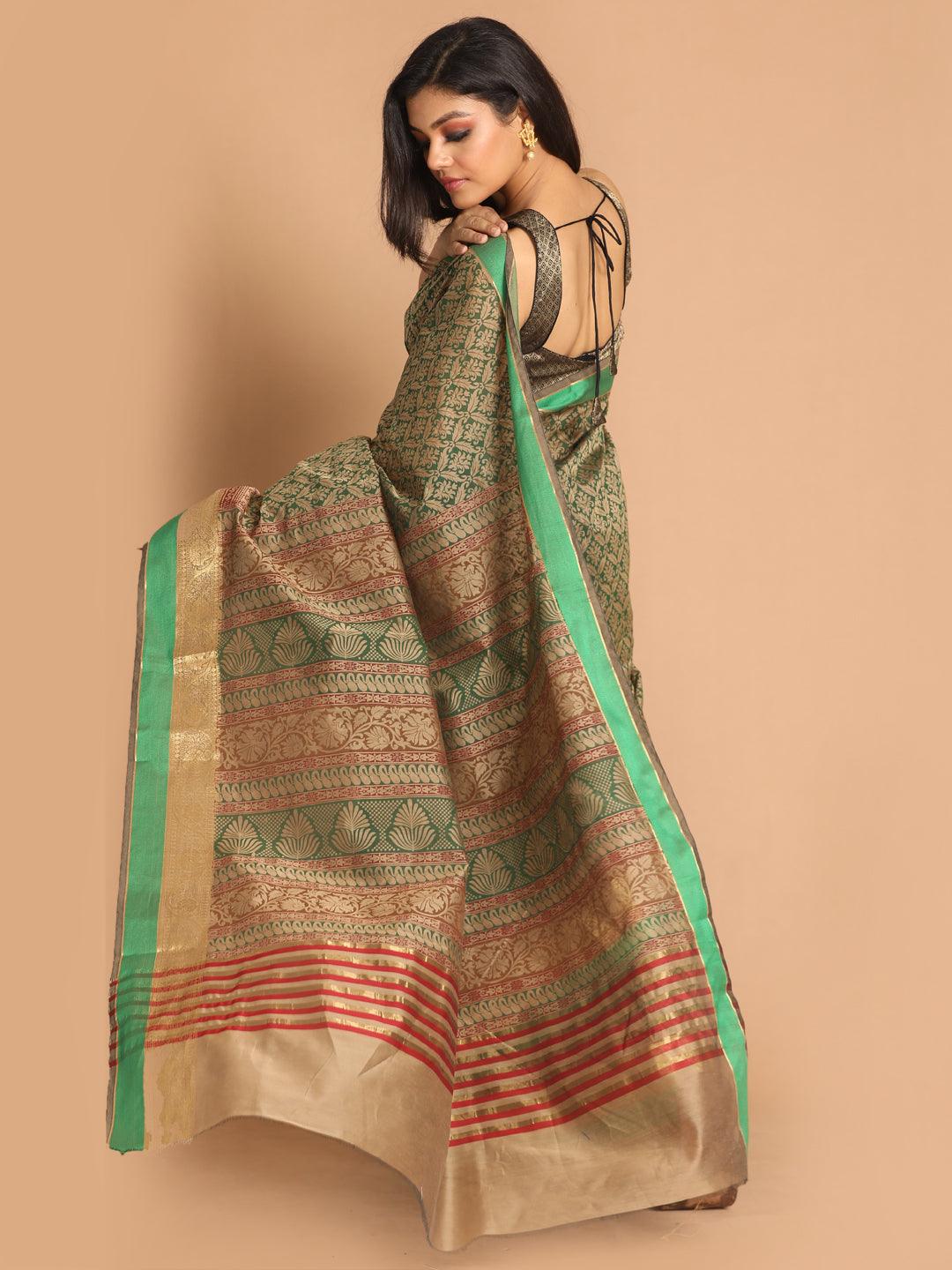 Women's Printed Cotton Blend Saree In Green - Indethnic - Indiakreations