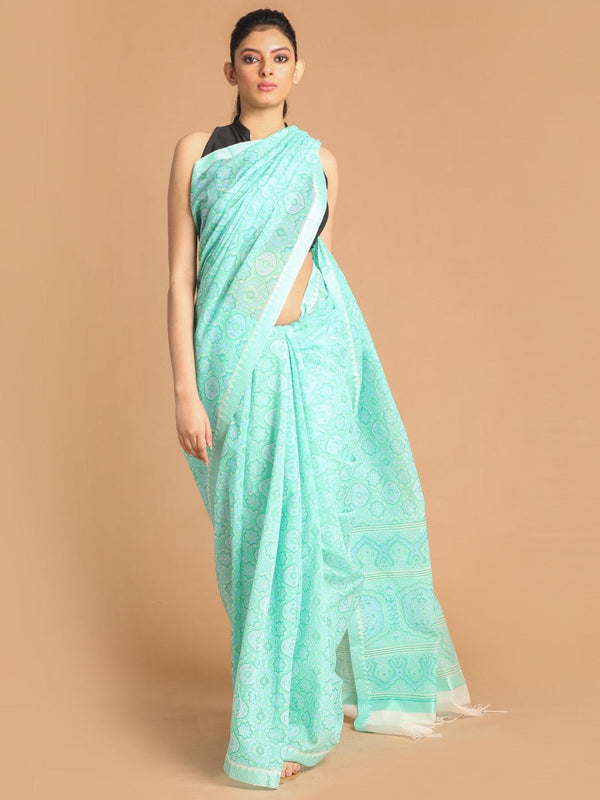 Women's Printed Cotton Blend Saree In Green - Indethnic - Indiakreations