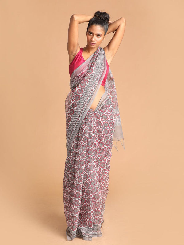 Women's Printed Super Net Saree In Grey - Indethnic - Indiakreations