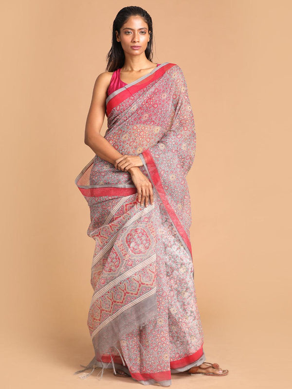 Women's Printed Super Net Saree In Grey - Indethnic - Indiakreations