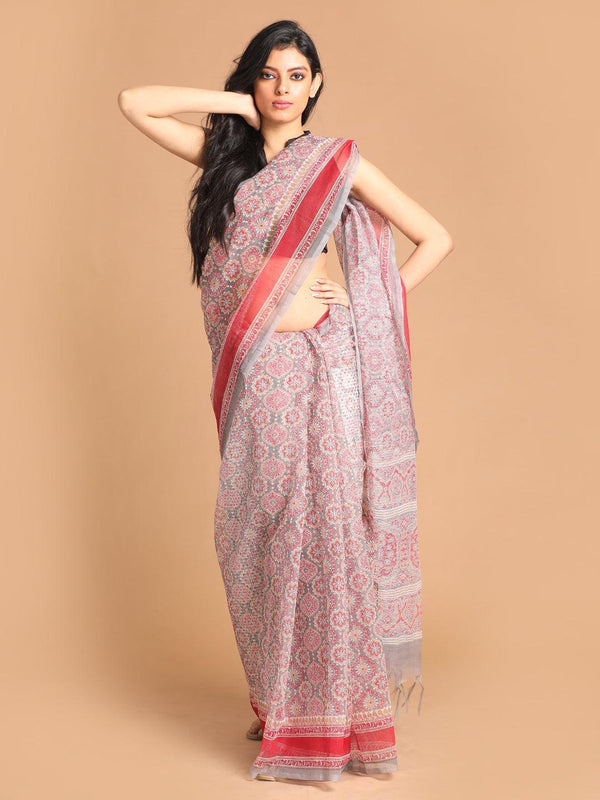 Women's Printed Super Net Saree In Grey - Indethnic - Indiakreations