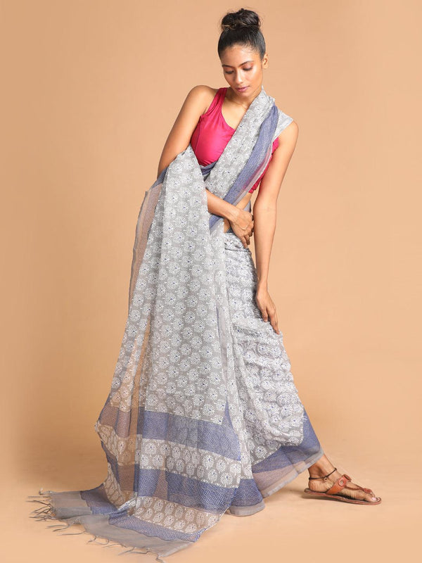 Women's Printed Super Net Saree In Grey - Indethnic - Indiakreations