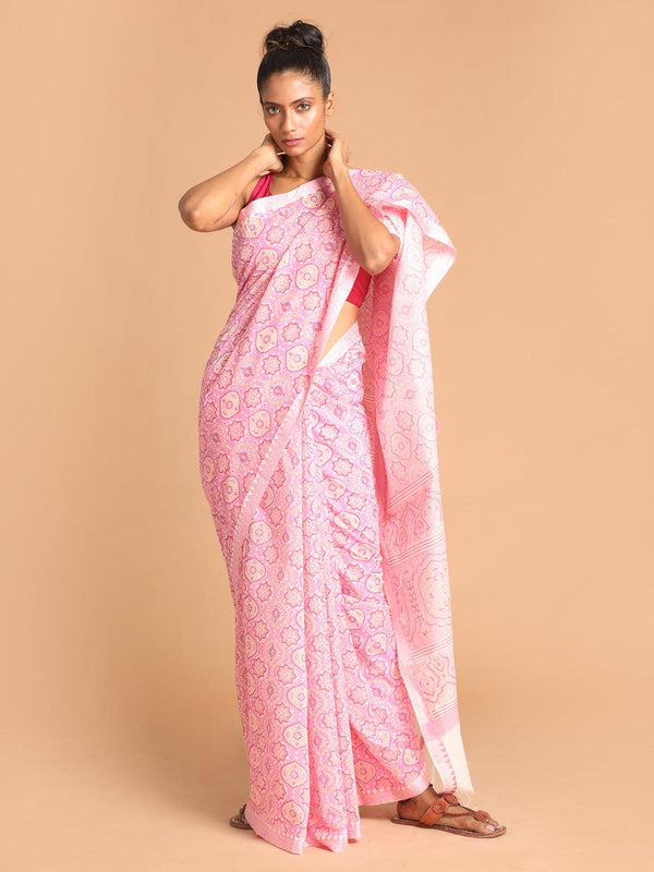 Women's Printed Cotton Blend Saree In Lavender - Indethnic - Indiakreations