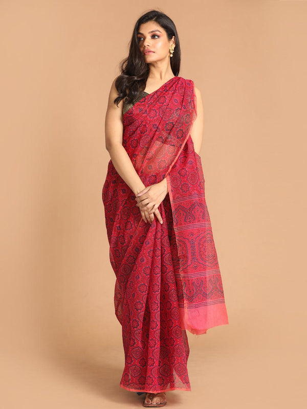 Women's Printed Cotton Blend Saree In Magenta - Indethnic - Indiakreations