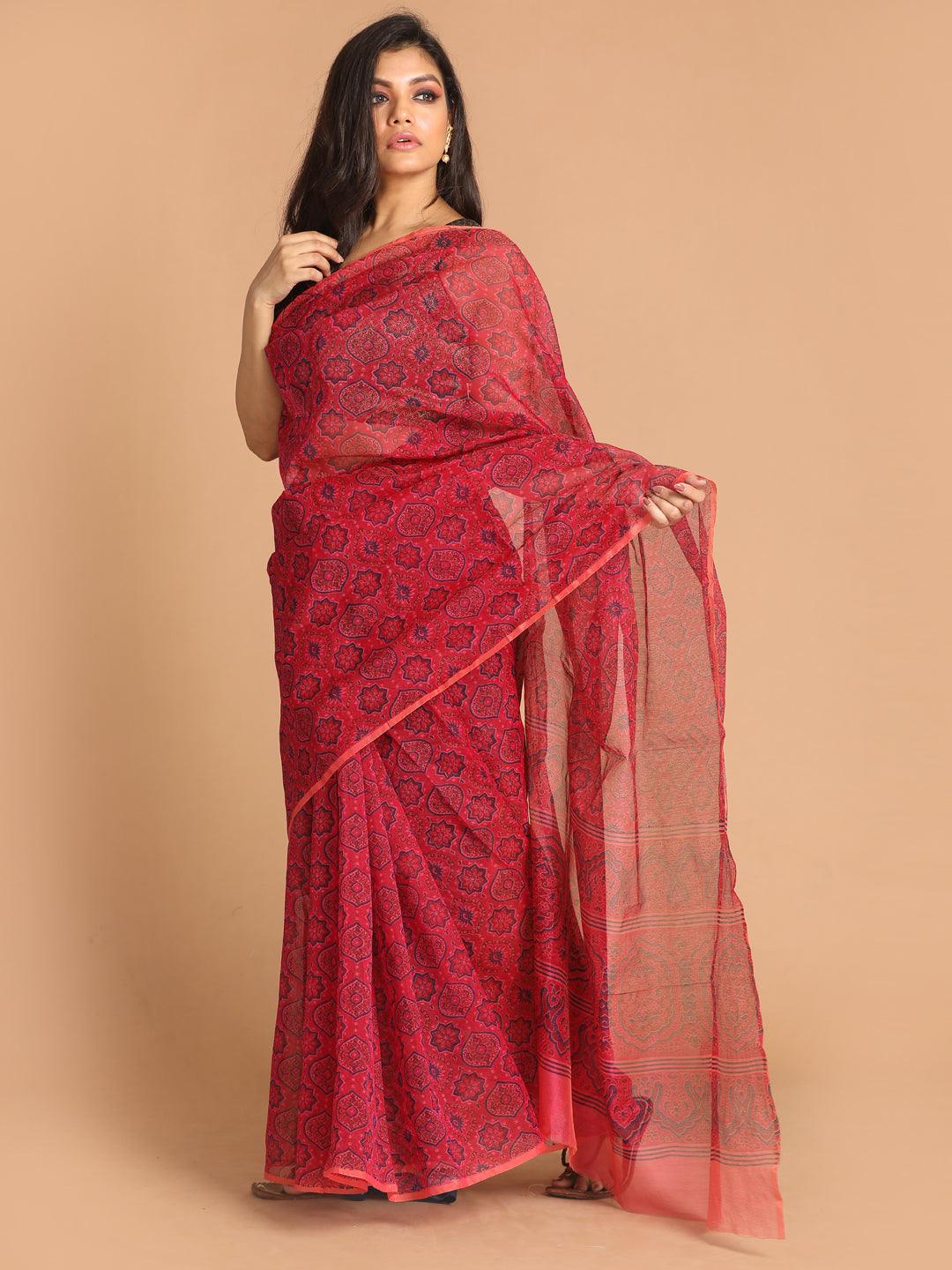 Women's Printed Cotton Blend Saree In Magenta - Indethnic - Indiakreations